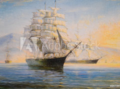 Samolepka flie 270 x 200  Sailing ships in bay, oil painting on canvas, 270 x 200 cm