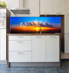 Fototapeta do kuchyn flie 180 x 60, 299602179 - panorama of sunset with lighted clouds on the sea