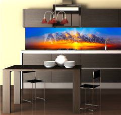 Fototapeta do kuchyn flie 260 x 60, 299602179 - panorama of sunset with lighted clouds on the sea