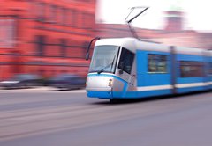 Fototapeta145 x 100  Modern blue tram rider fast on rails, 145 x 100 cm