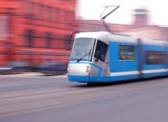 Fototapeta plátno 160 x 116, 30286371 - Modern blue tram rider fast on rails - Moderní modrá tramvajová jezdec rychle na kolejích