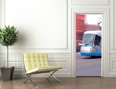 Samolepka na dveře fólie 90 x 220, 30286371 - Modern blue tram rider fast on rails - Moderní modrá tramvajová jezdec rychle na kolejích