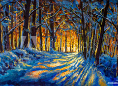 Fototapeta vliesov 100 x 73, 306486660 - Oil painting with acrylic watercolor. Winter forest. Sunny winter forest wood landscape illustration artwork nature.