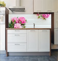 Fototapeta do kuchyn flie 180 x 60, 313371368 - Pink peony flowers on white wooden table. womans day or wedding background. Top view.