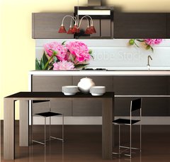 Fototapeta do kuchyn flie 260 x 60, 313371368 - Pink peony flowers on white wooden table. womans day or wedding background. Top view.