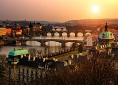 Fototapeta vliesov 200 x 144, 31857385 - Panoramic view on Charles bridge and sunset Prague lights.