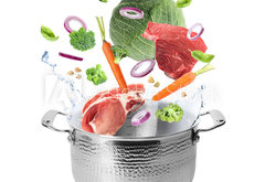 Fototapeta vliesov 145 x 100, 320560675 - Many different ingredients falling into pot on white background. Delicious recipe