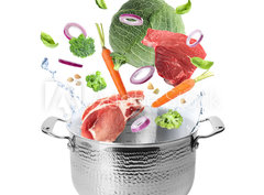 Fototapeta pltno 330 x 244, 320560675 - Many different ingredients falling into pot on white background. Delicious recipe