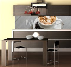Fototapeta do kuchyn flie 260 x 60, 320686754 - Fresh brewed coffee with fern pattern latte art in white cup