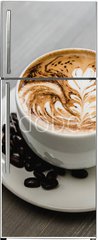 Samolepka na lednici fólie 80 x 200, 320686754 - Fresh brewed coffee with fern pattern latte art in white cup - Čerstvě uvařená káva s kapradinovým vzorem latte art v bílém šálku