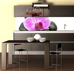 Fototapeta do kuchyn flie 260 x 60  Pink orchid and zen Stones on a white background, 260 x 60 cm