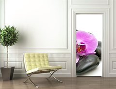 Samolepka na dvee flie 90 x 220  Pink orchid and zen Stones on a white background, 90 x 220 cm