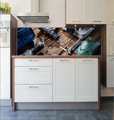 Fototapeta do kuchyn flie 180 x 60  Power Tools On Wooden Desk, 180 x 60 cm