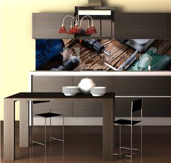 Fototapeta do kuchyn flie 260 x 60  Power Tools On Wooden Desk, 260 x 60 cm
