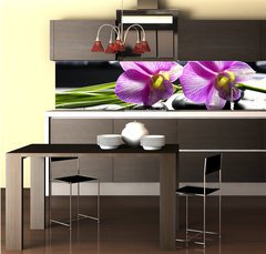 Fototapeta do kuchyn flie 260 x 60  Oriental spa with orchid with and green plant on zen stones, 260 x 60 cm