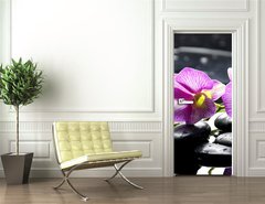 Samolepka na dvee flie 90 x 220  Oriental spa with orchid with and green plant on zen stones, 90 x 220 cm