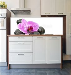 Fototapeta do kuchyn flie 180 x 60  Pink orchid and zen Stones on a white background, 180 x 60 cm