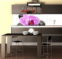 Fototapeta do kuchyn flie 260 x 60  Pink orchid and zen Stones on a white background, 260 x 60 cm