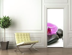 Samolepka na dvee flie 90 x 220  Pink orchid and zen Stones on a white background, 90 x 220 cm