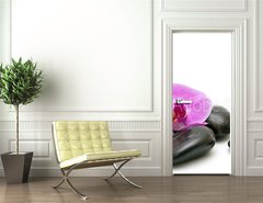 Samolepka na dvee flie 90 x 220, 32282499 - Pink orchid and zen Stones on a white background - Rov orchidej a zen kameny na blm pozad