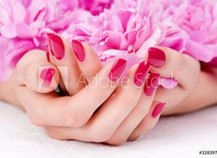 Fototapeta100 x 73  Woman cupped hands with manicure holding a pink flower, 100 x 73 cm