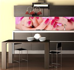 Fototapeta do kuchyn flie 260 x 60  Woman cupped hands with manicure holding a pink flower, 260 x 60 cm