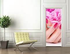 Samolepka na dvee flie 90 x 220  Woman cupped hands with manicure holding a pink flower, 90 x 220 cm