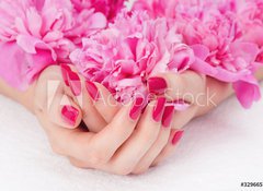 Samolepka flie 100 x 73, 32966573 - Woman cupped hands with pink manicure holding a flower