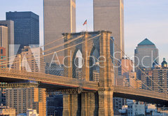 Samolepka flie 145 x 100, 332057516 - View of the World Trade Towers, Brooklyn Bridge with TV helicopter, New York City, NY