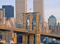 Fototapeta plátno 160 x 116, 332057516 - View of the World Trade Towers, Brooklyn Bridge with TV helicopter, New York City, NY - Pohled na světové obchodní věže, Brooklynský most s televizní helikoptérou, New York City, NY