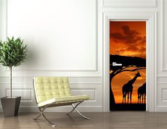 Samolepka na dvee flie 90 x 220, 33526159 - herd of giraffes in the setting sun