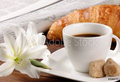 Samolepka flie 145 x 100, 33687972 - Breakfast with newspaper, croissant and coffee