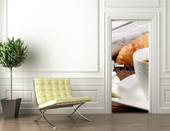 Samolepka na dvee flie 90 x 220, 33687972 - Breakfast with newspaper, croissant and coffee - Sndan s novinami, croissanty a kvou