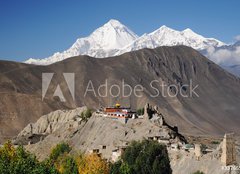 Fototapeta plátno 160 x 116, 33766508 - Buddhist Monastery and Dhaulagiri peak, Nepal - Buddhistický klášter a vrchol Dhaulagiri, Nepál