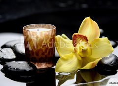 Samolepka flie 100 x 73  aromatherapy candle and zen stones with yellow orchid reflection, 100 x 73 cm