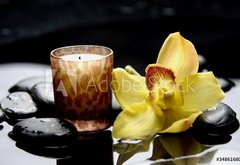 Fototapeta174 x 120  aromatherapy candle and zen stones with yellow orchid reflection, 174 x 120 cm