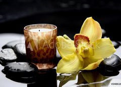 Samolepka flie 200 x 144, 34861680 - aromatherapy candle and zen stones with yellow orchid reflection