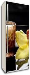 Samolepka na lednici fólie 80 x 200, 34861680 - aromatherapy candle and zen stones with yellow orchid reflection - aromaterapeutické svíčky a zenové kameny se žlutým orchidejovým odrazem