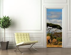Samolepka na dvee flie 90 x 220, 34914448 - Elephant family in front of Mt. Kilimanjaro