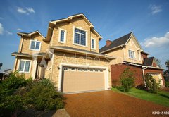 Fototapeta plátno 174 x 120, 34945489 - Two new two-storied beige stone and brick cottage with garage - Dva nové dva