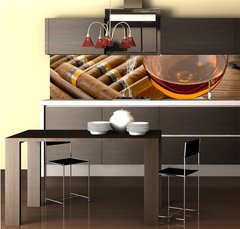 Fototapeta do kuchyně fólie 260 x 60, 34951476 - cuban cigar and cognac on wood background - kubánský doutník a koak na dřevěném pozadí