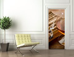 Samolepka na dvee flie 90 x 220, 34951476 - cuban cigar and cognac on wood background