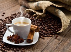 Fototapeta160 x 116  Coffee cup with burlap sack of roasted beans on rustic table, 160 x 116 cm