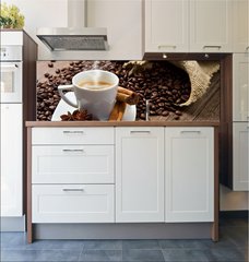 Fototapeta do kuchyn flie 180 x 60, 35054007 - Coffee cup with burlap sack of roasted beans on rustic table