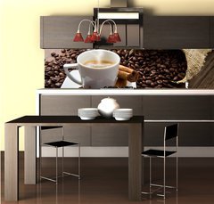 Fototapeta do kuchyn flie 260 x 60  Coffee cup with burlap sack of roasted beans on rustic table, 260 x 60 cm