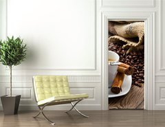 Samolepka na dvee flie 90 x 220  Coffee cup with burlap sack of roasted beans on rustic table, 90 x 220 cm