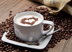 Samolepka flie 100 x 73, 35054088 - Coffee cup with burlap sack of roasted beans on rustic table - Kvov lek s pytlovm pytlem praench fazol na rustiklnm stole