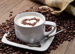 Fototapeta100 x 73  Coffee cup with burlap sack of roasted beans on rustic table, 100 x 73 cm