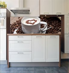 Fototapeta do kuchyn flie 180 x 60, 35054088 - Coffee cup with burlap sack of roasted beans on rustic table - Kvov lek s pytlovm pytlem praench fazol na rustiklnm stole