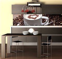 Fototapeta do kuchyn flie 260 x 60  Coffee cup with burlap sack of roasted beans on rustic table, 260 x 60 cm